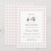 Roze Gingham Golfkar Baby Shower Kaart (Voorkant / Achterkant)