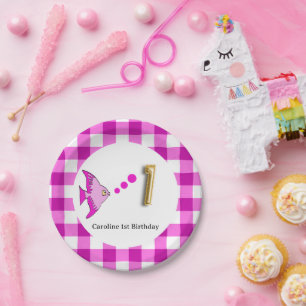 Roze Gingham Goud Folie Ballon Vis 1e Verjaardag Papieren Bordje