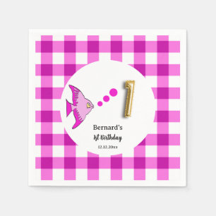 Roze Gingham Goud Folie Ballon Vis 1e Verjaardag Servet