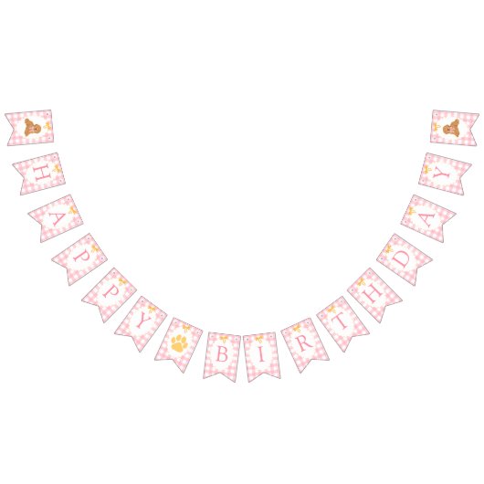 Roze Gingham Gouden Doodle Verjaardag Vlaggetjes (Alle)