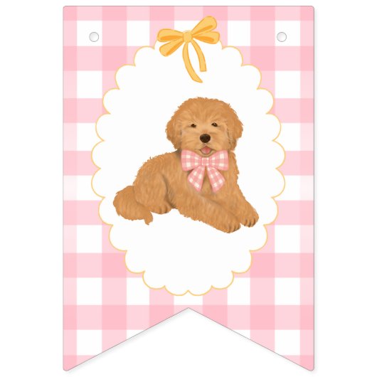 Roze Gingham Gouden Doodle Verjaardag Vlaggetjes (Eerste vlag)
