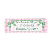 Roze Gingham Green Bow Return Address Label (Voorkant)