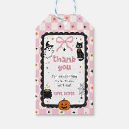 Roze Gingham Halloween Verjaardagsfeestje Cadeaulabel