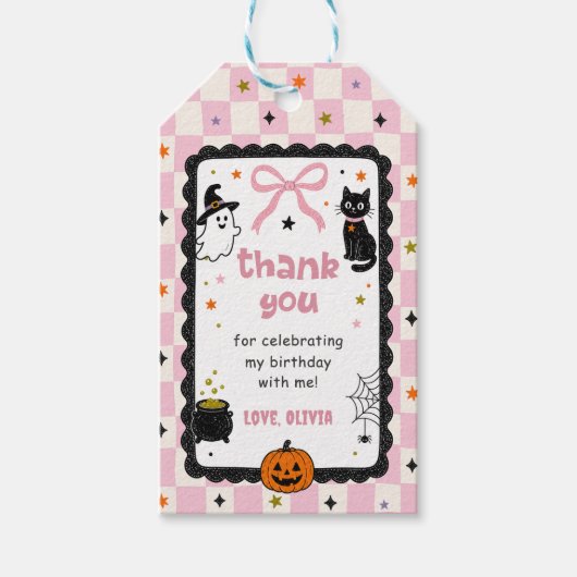 Roze Gingham Halloween Verjaardagsfeestje Cadeaulabel (Voorkant)