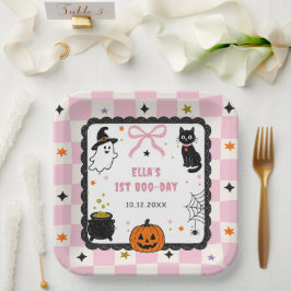 Roze Gingham Halloween Verjaardagsfeestje Papieren Bordje