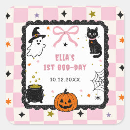 Roze Gingham Halloween Verjaardagsfeestje Vierkante Sticker