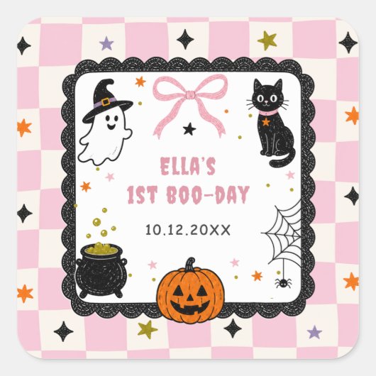 Roze Gingham Halloween Verjaardagsfeestje Vierkante Sticker (Voorkant)