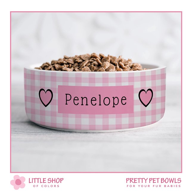 Roze Gingham Harten Persoonlijke Hond Voerbakje (Creator heeft geüpload)