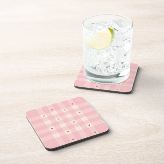 Roze Gingham Harten Valentijn Bier Onderzetter (Rechterzijde)