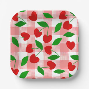 roze gingham Hartvormige Kers rockabilly Papieren Bordje
