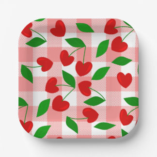 roze gingham Hartvormige Kers rockabilly Papieren Bordje