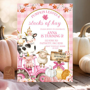 Roze Gingham Herfst Pompoen Boerderij Dier Verjaar Kaart