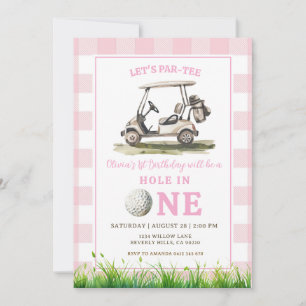 Roze Gingham Hole in One Golf Meisje Verjaardag Kaart