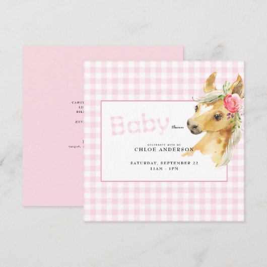 Roze Gingham Horse Baby shower Square Kaart (Voorkant / Achterkant)