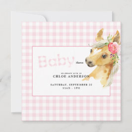 Roze Gingham Horse Baby shower Square Kaart