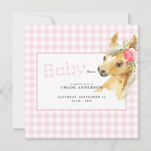 Roze Gingham Horse Baby shower Square Kaart (Voorkant)