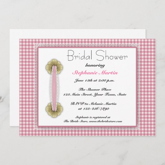 Roze Gingham, kant, bridal Shower Invitation Kaart (Voorkant / Achterkant)