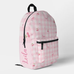 Roze Gingham Kersenboog Script Naam Design Bedrukte Rugzak