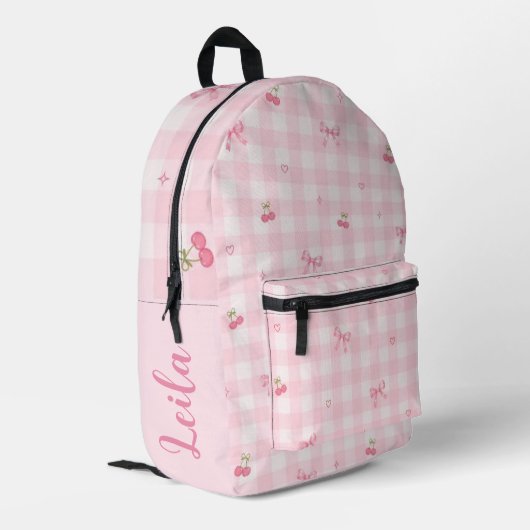 Roze Gingham Kersenboog Script Naam Design Bedrukte Rugzak (Achterkant Hoek Links)