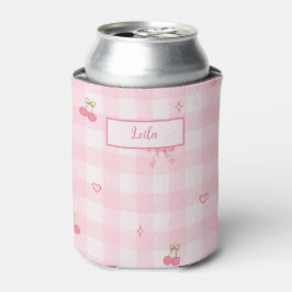 Roze Gingham Kersenboog Script Naam Design Blikjeskoeler