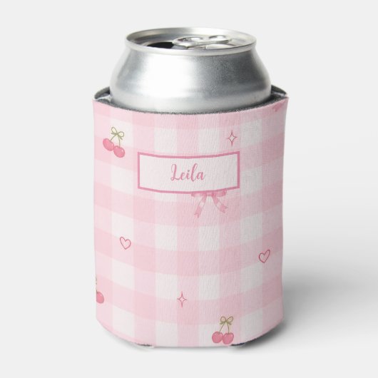 Roze Gingham Kersenboog Script Naam Design Blikjeskoeler (Blikje Voorkant)