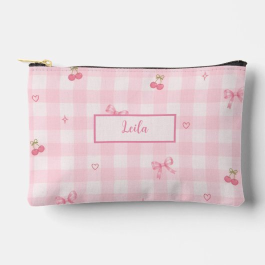 Roze Gingham Kersenboog Script Naam Design Etui (Voorkant)