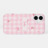 Roze Gingham Kersenboog Script Naam Design iPhone 16 Hoesje (Achterkant horizontaal)