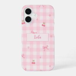 Roze Gingham Kersenboog Script Naam Design iPhone 16 Hoesje
