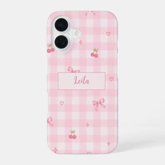 Roze Gingham Kersenboog Script Naam Design iPhone 16 Hoesje (Achterkant)
