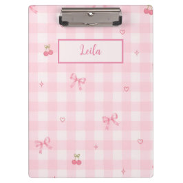 Roze Gingham Kersenboog Script Naam Design Klembord
