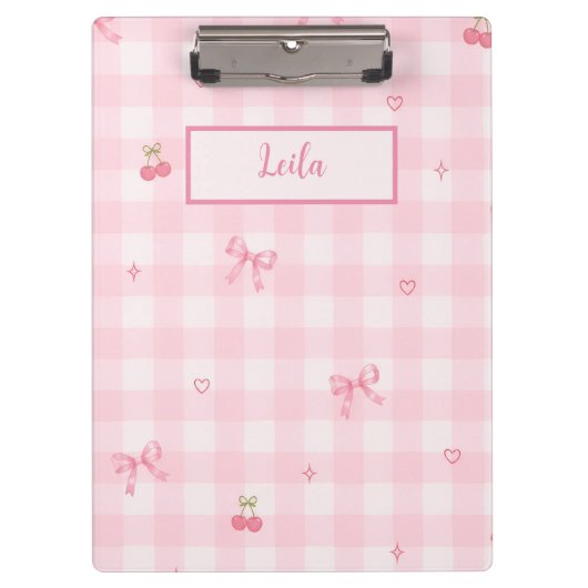 Roze Gingham Kersenboog Script Naam Design Klembord (Voorkant)