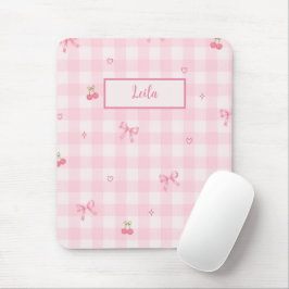 Roze Gingham Kersenboog Script Naam Design Muismat