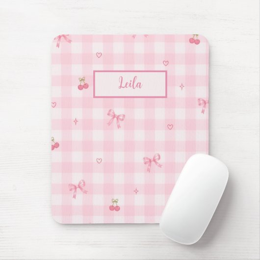 Roze Gingham Kersenboog Script Naam Design Muismat (Met muis)