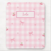 Roze Gingham Kersenboog Script Naam Design Muismat (Voorkant)