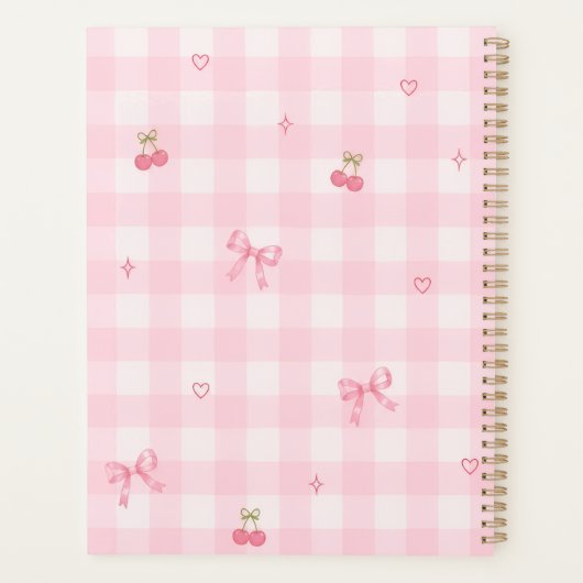 Roze Gingham Kersenboog Script Naam Design Planner (Achterkant)