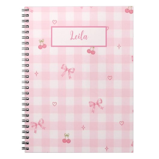 Roze Gingham Kersenboog Script Naam Ontwerp Notitieboek (Voorkant)