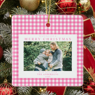 Roze Gingham Kerst 2 Foto Keramisch Ornament
