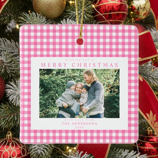 Roze Gingham Kerst 2 Foto Keramisch Ornament