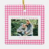 Roze Gingham Kerst 2 Foto Keramisch Ornament (Voorkant)