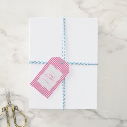 Roze Gingham Kerstmis Cadeaulabel (Met Touw)