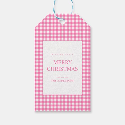 Roze Gingham Kerstmis Cadeaulabel (Voorkant)