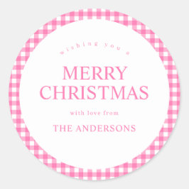 Roze Gingham Kerstmis Ronde Sticker