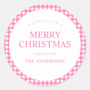 Roze Gingham Kerstmis Ronde Sticker