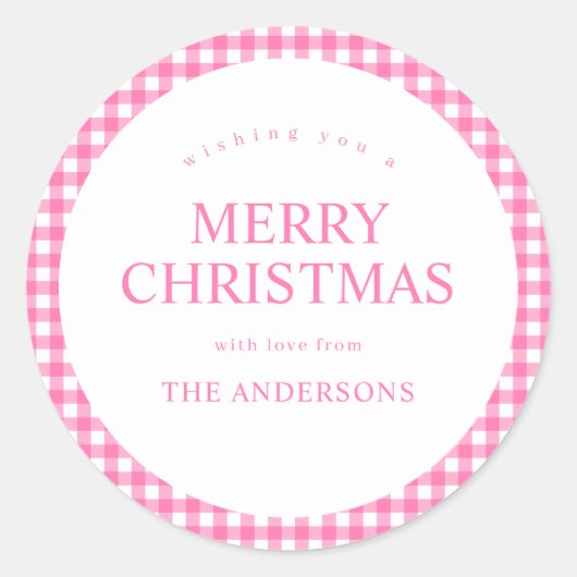 Roze Gingham Kerstmis Ronde Sticker (Voorkant)