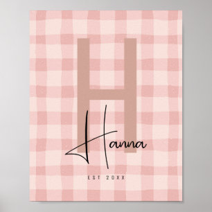 Roze Gingham Kinderkamer Naam Initiaal Poster