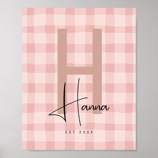 Roze Gingham Kinderkamer Naam Initiaal Poster (Voorkant)