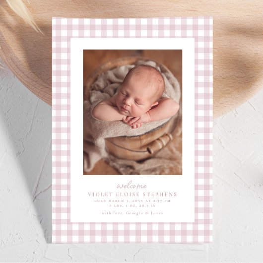 Roze gingham klassiek eenvoudig schattig twee foto aankondiging