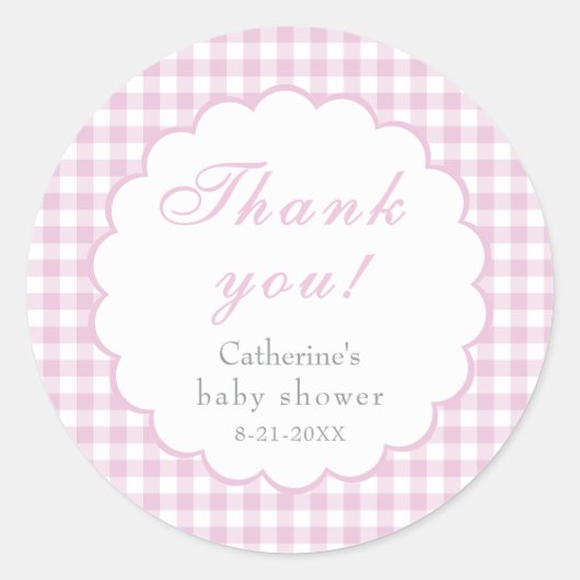 Roze Gingham Klassieke Baby Shower Sticker (Voorkant)