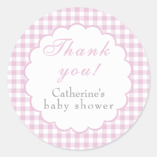 Roze Gingham Klassieke Baby Shower Sticker