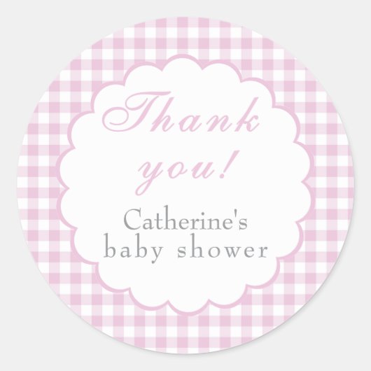 Roze Gingham Klassieke Baby Shower Sticker (Voorkant)